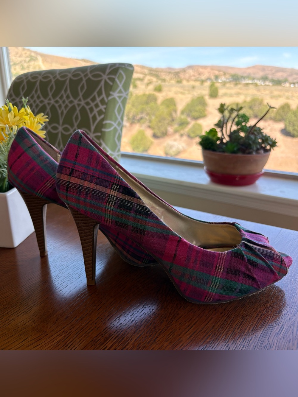 Candies Plaid Open-Toe High Heels in Pink and Green - Women's Pumps